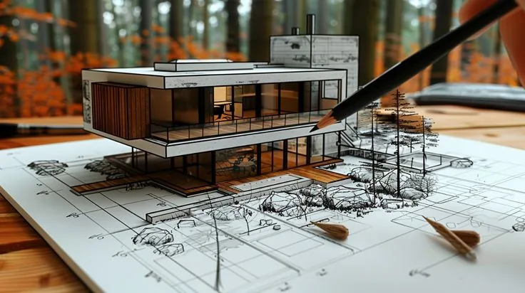 An architectural model of a modern home resting on blueprint drawings.
