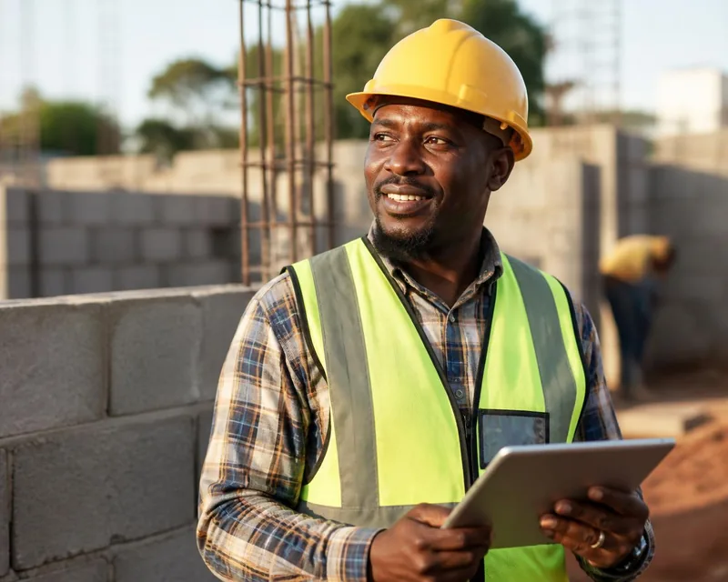 A Kenyan site contractor in a helmet reviewing drawings on a construction site.